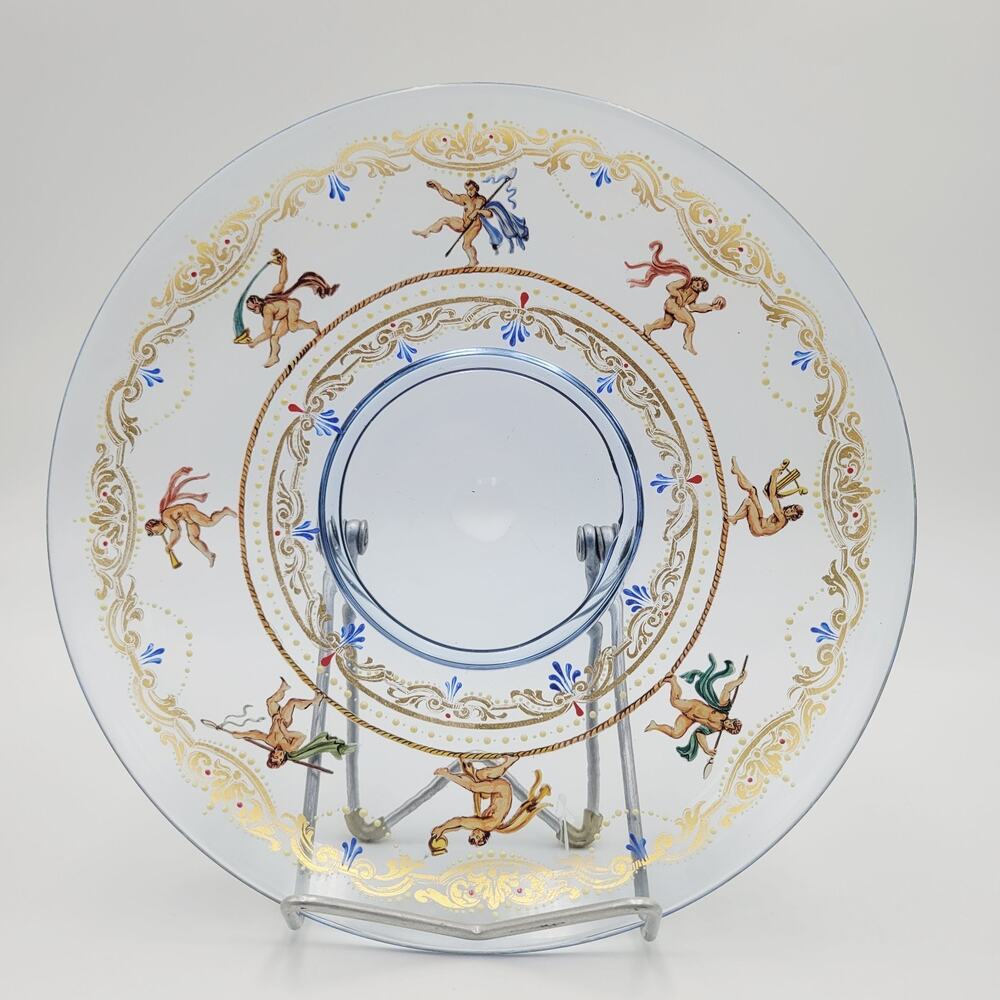 Antique Venetian Murano Salviati Style Enameled Gilded Cherub Putti Glass Plate